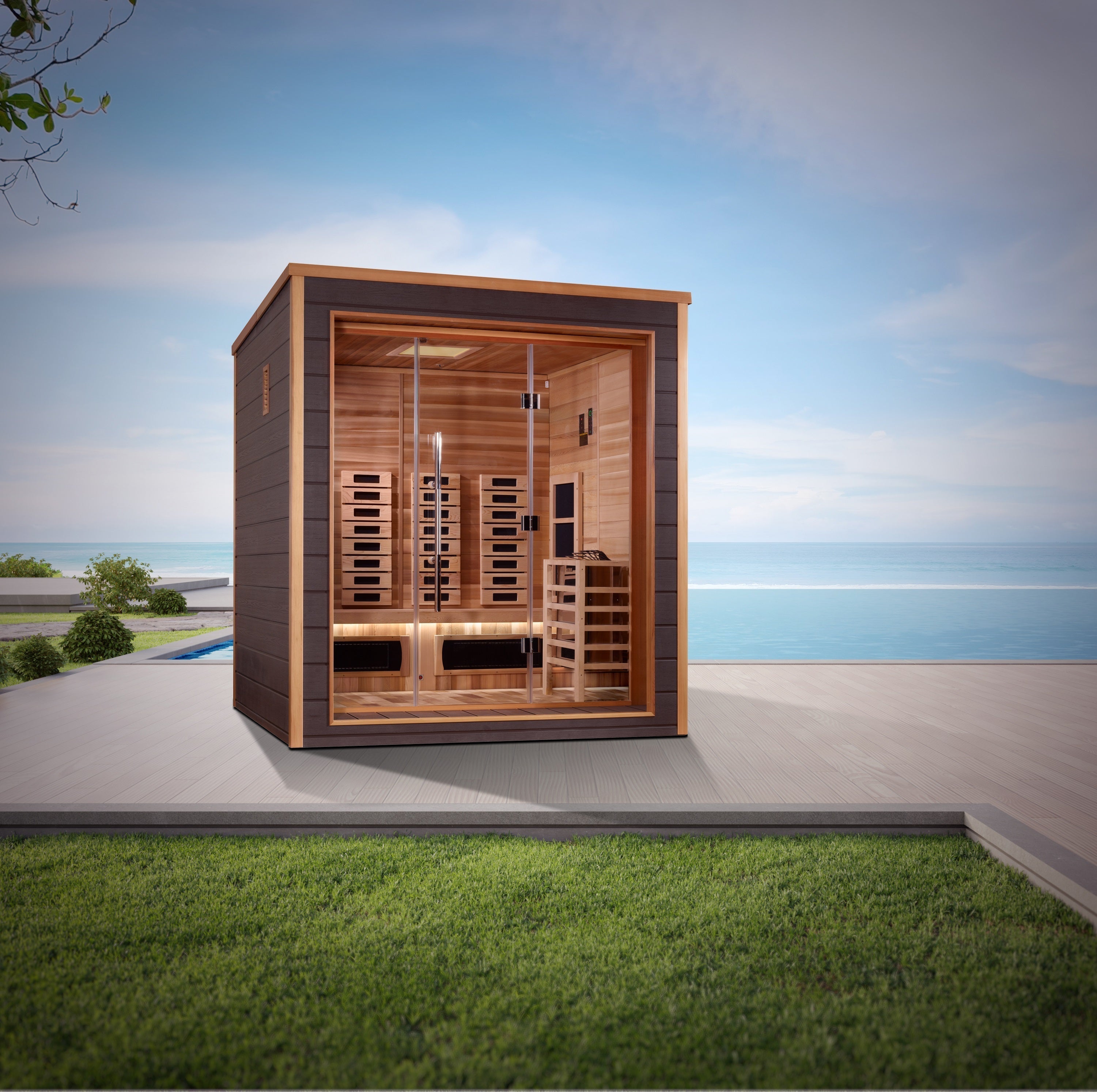 Golden Designs Visby Hybrid (PureTech™ Full Spectrum IR or Traditional Stove) Outdoor Sauna (3 Person) Golden Designs