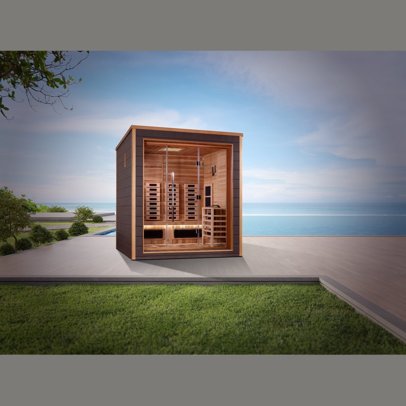 Golden Designs Visby Hybrid (PureTech™ Full Spectrum IR or Traditional Stove) Outdoor Sauna (3 Person) Golden Designs