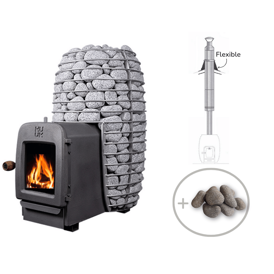 HUUM HIVE HEAT LS 12kW Wood Burning Sauna Stove Package w/ Thru-Roof Chimney and Stones