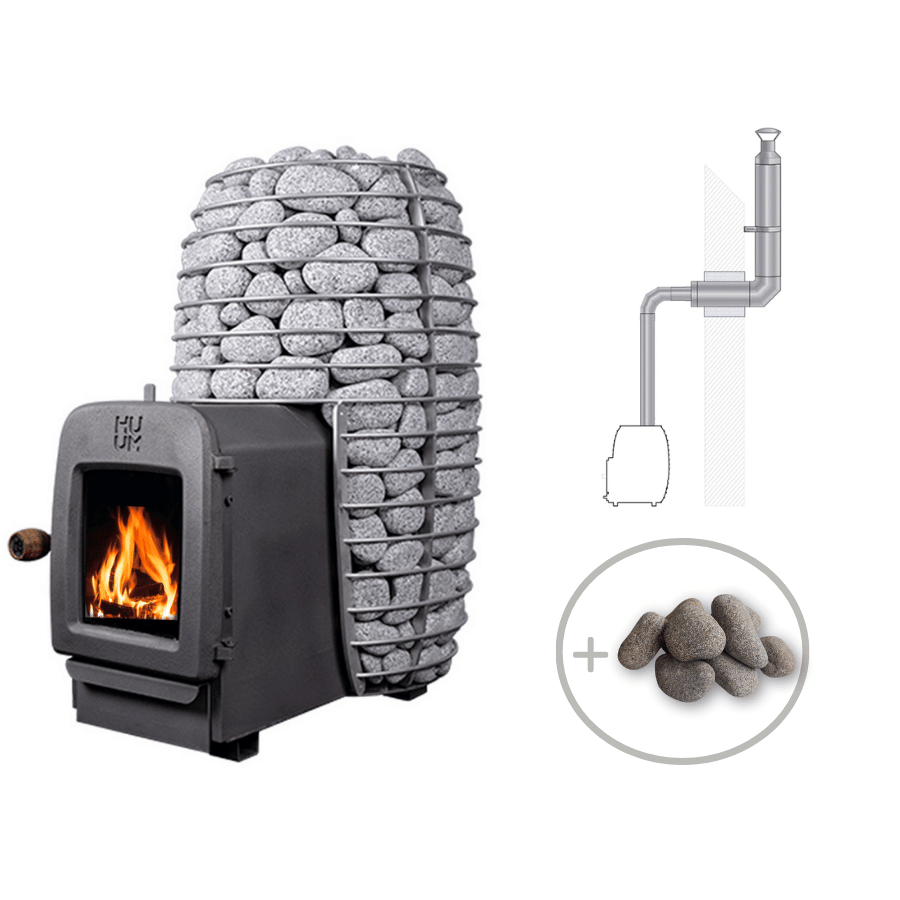 HUUM HIVE HEAT LS 12kW Wood Burning Sauna Stove Package w/ Thru-Wall Chimney and Stones