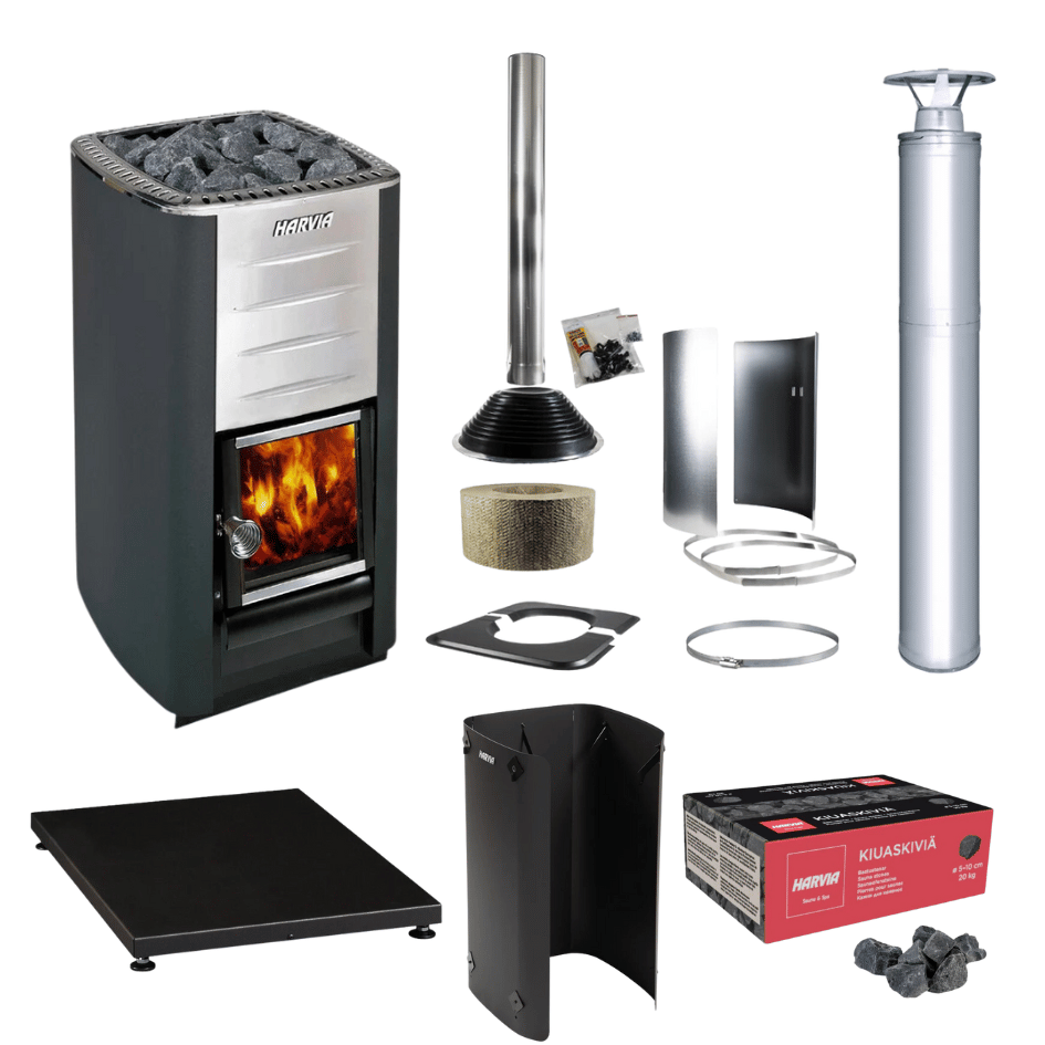 Harvia M3 16.5kW Wood Burning Stove Package w/ Chimney Kit, Protective Bedding, Sheath, Stones