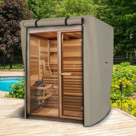 Heavy-duty outdoor sauna cover installed over a sauna in a backyard setting